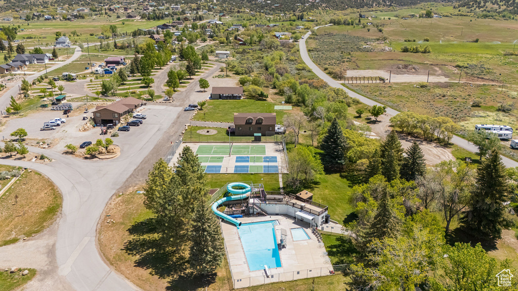 Bird\\\'s eye view of a pool