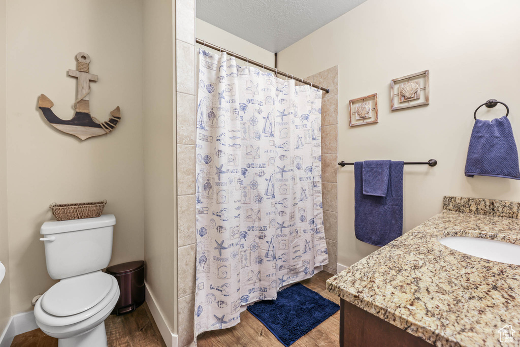Full bathroom with wood finished floors, toilet, a shower with curtain, vanity, and baseboards