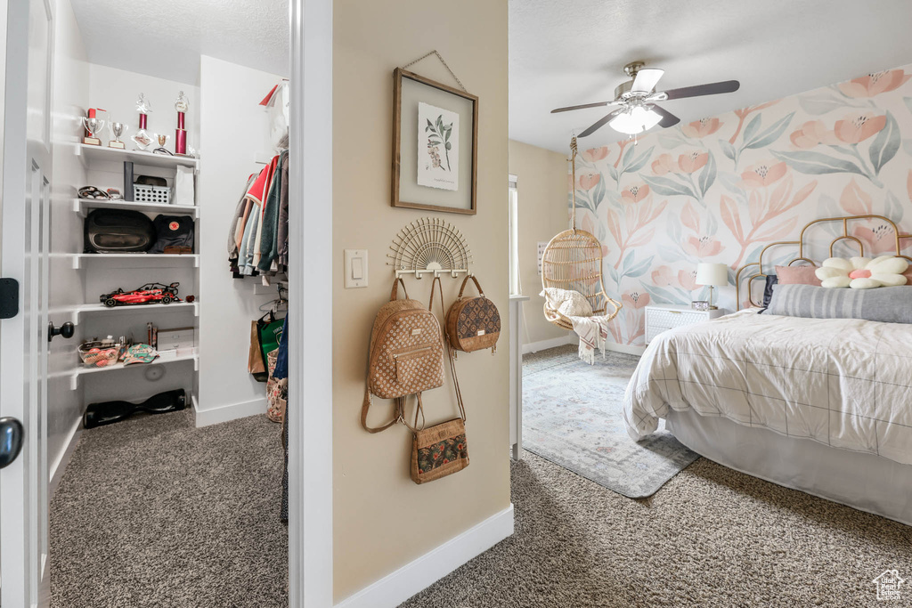 Carpeted bedroom with baseboards, a walk in closet, and a closet