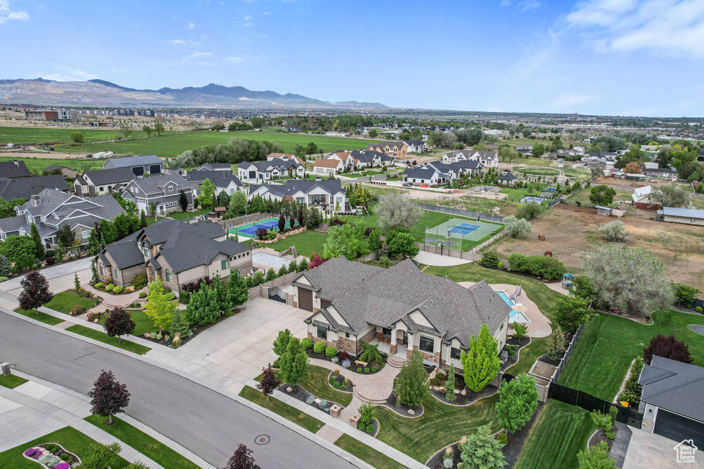 Aerial perspective of suburban area with mountains