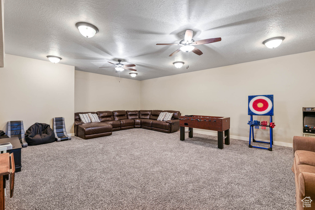 Living room featuring carpet, a ceiling fan, a textured ceiling, and baseboards