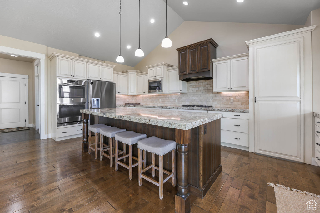 Kitchen with stainless steel appliances, a center island, vaulted ceiling, light stone counters, and dark wood-type flooring