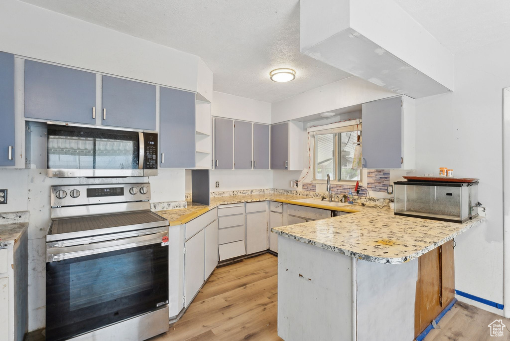 Kitchen featuring stainless steel appliances, a peninsula, a sink, and light wood finished floors