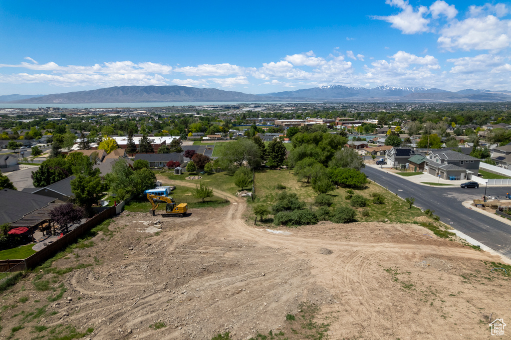 Aerial view of residential area with mountains