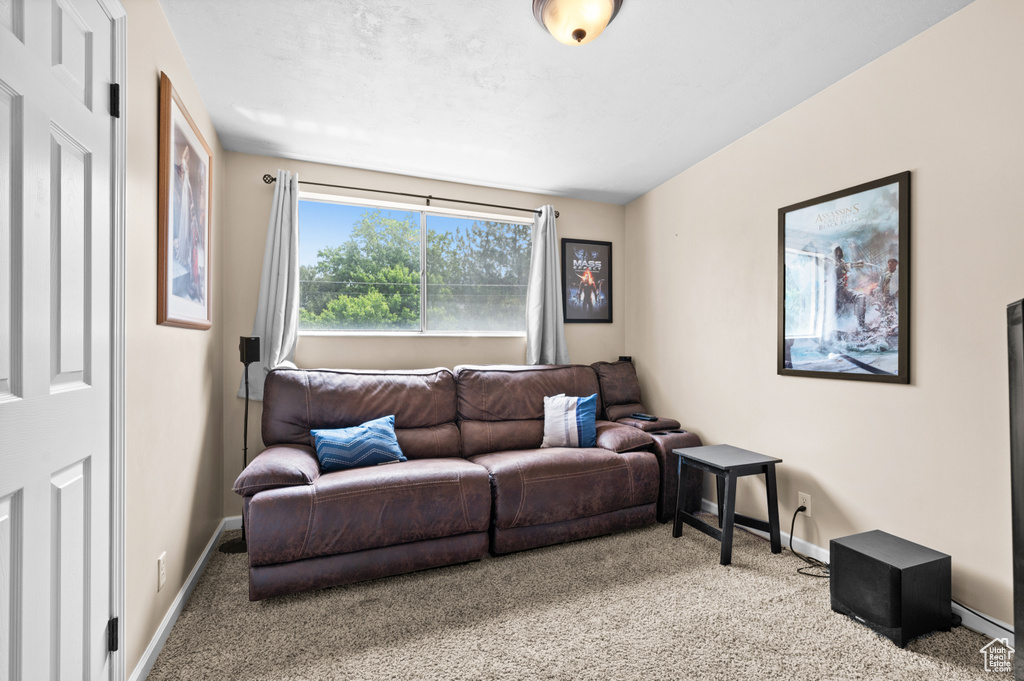 Carpeted living room with baseboards