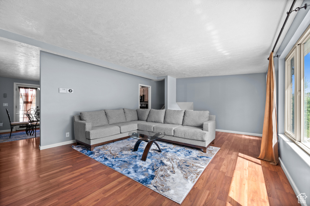 Living room featuring wood finished floors, baseboards, and a textured ceiling