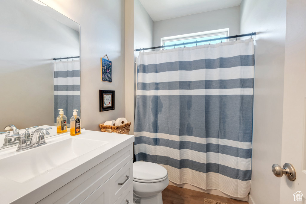 Full bath featuring toilet, vanity, wood finished floors, and a shower with shower curtain