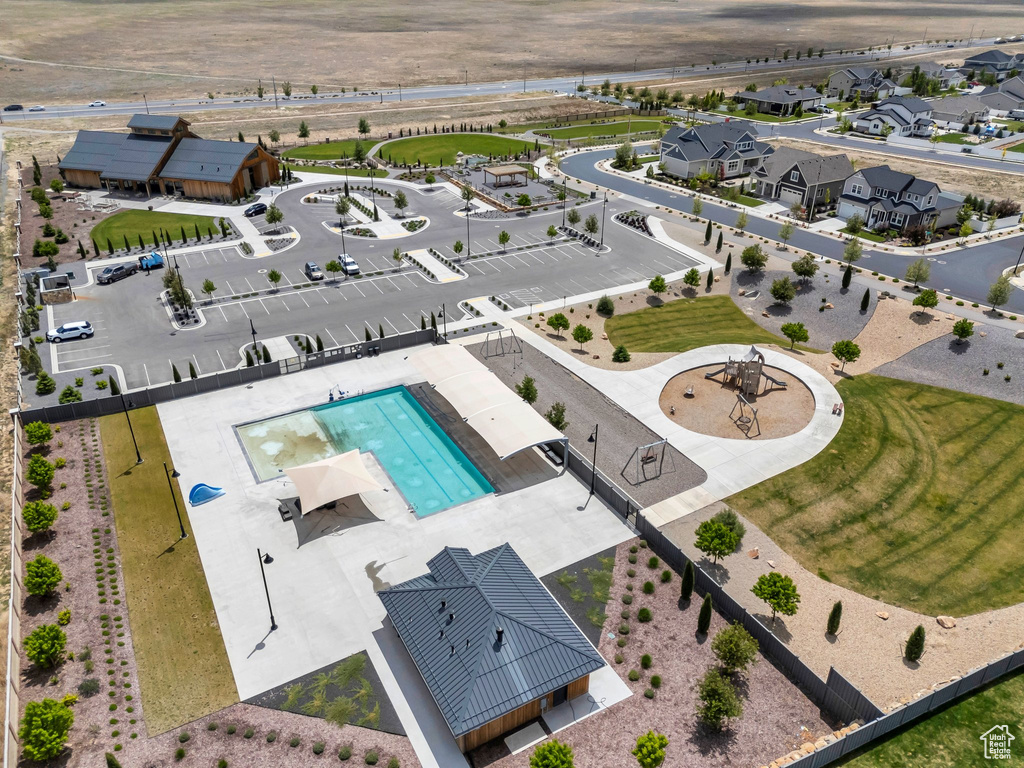 Drone / aerial view of a pool area