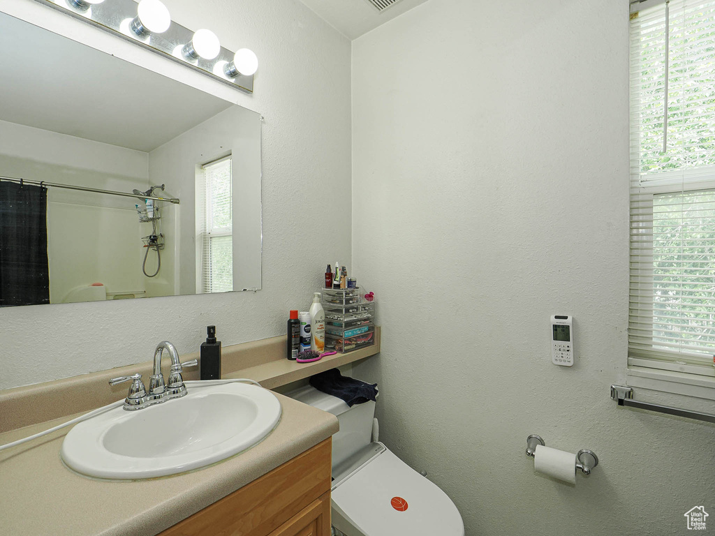 Bathroom featuring toilet, plenty of natural light, curtained shower, and vanity