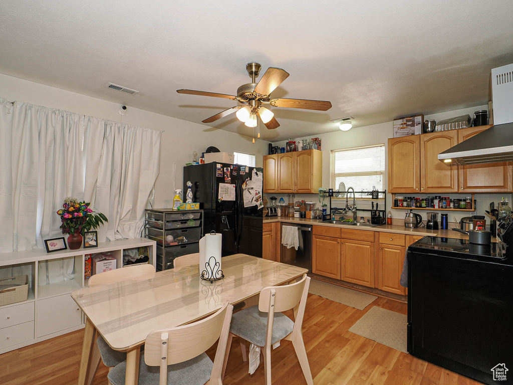Kitchen with black appliances, light wood-style flooring, ceiling fan, light countertops, and a sink