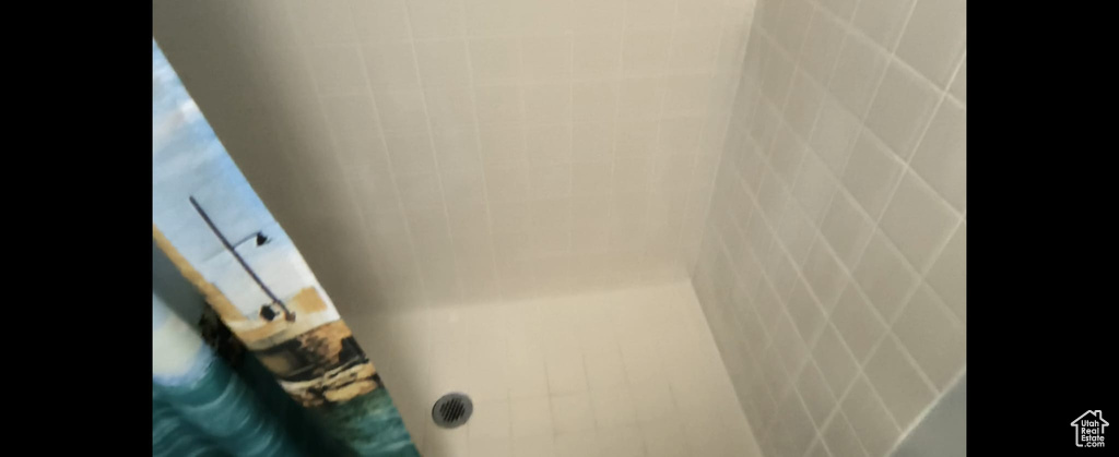 Bathroom view of curtained shower