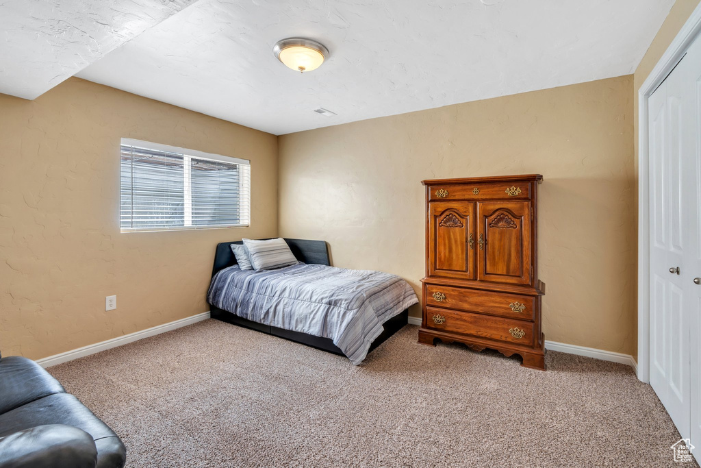 Bedroom featuring carpet flooring, baseboards, and a closet