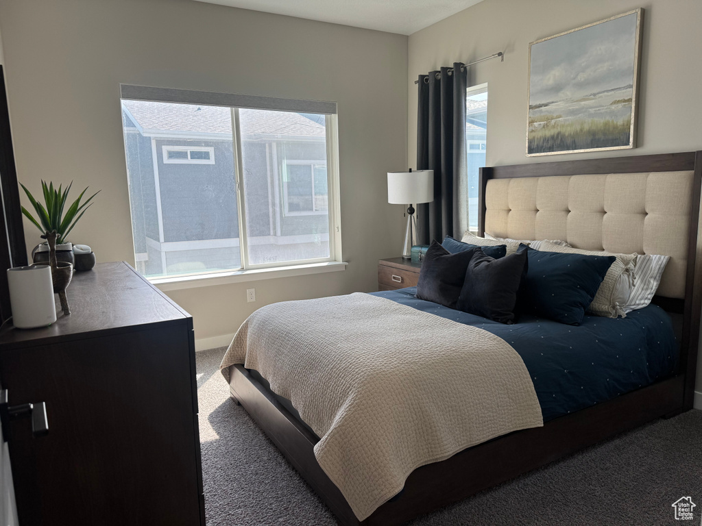 Carpeted bedroom with multiple windows