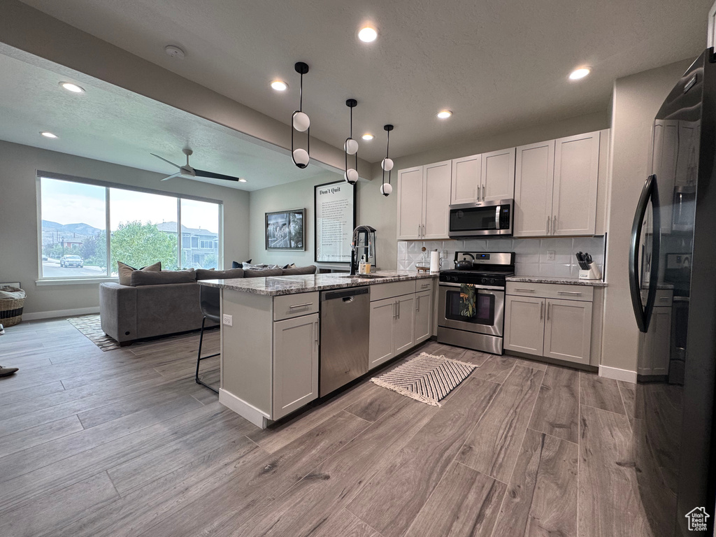 Kitchen with open floor plan, stainless steel appliances, a peninsula, light wood-style flooring, and recessed lighting