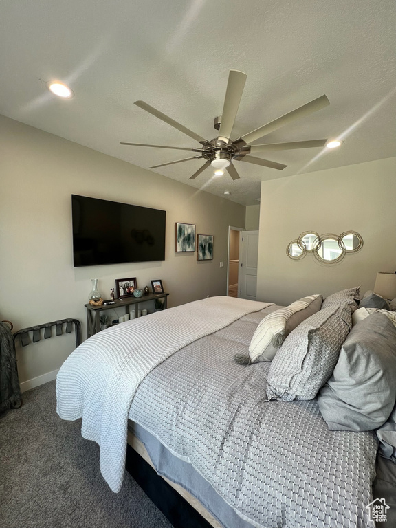 Bedroom with carpet floors, a ceiling fan, recessed lighting, and baseboards