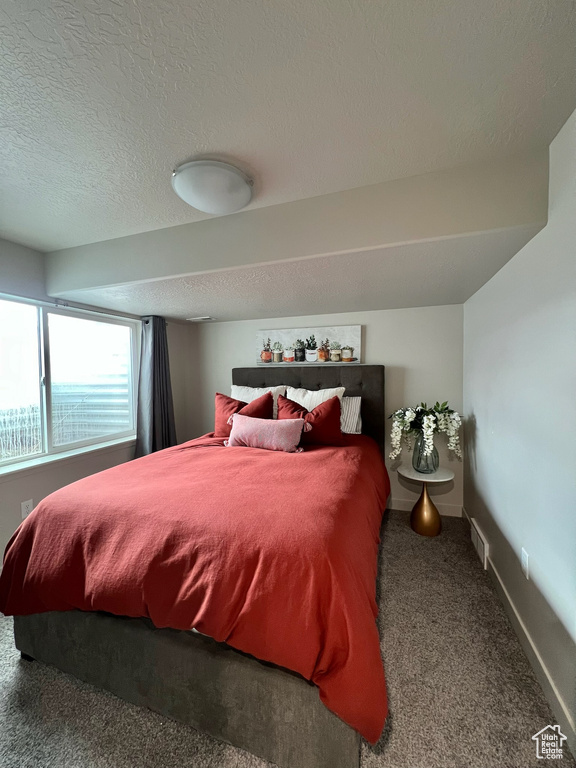 Bedroom featuring a textured ceiling, carpet floors, and baseboards