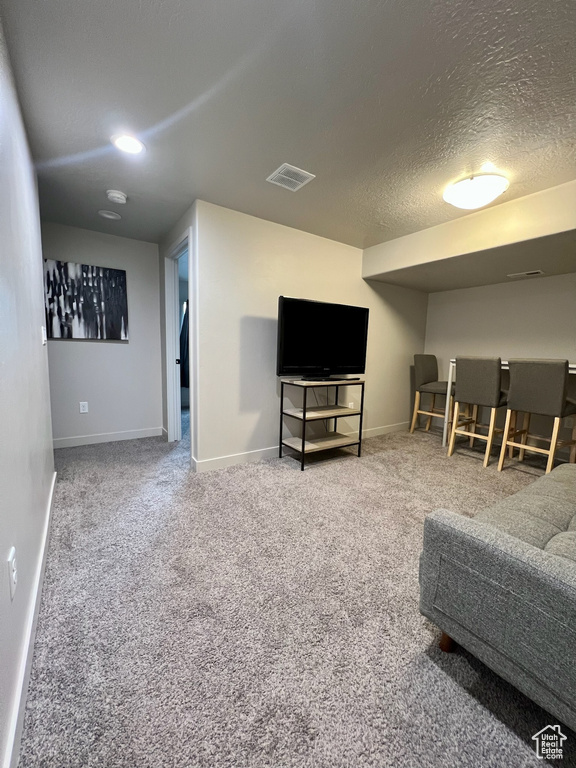 Living room with baseboards, a textured ceiling, and carpet