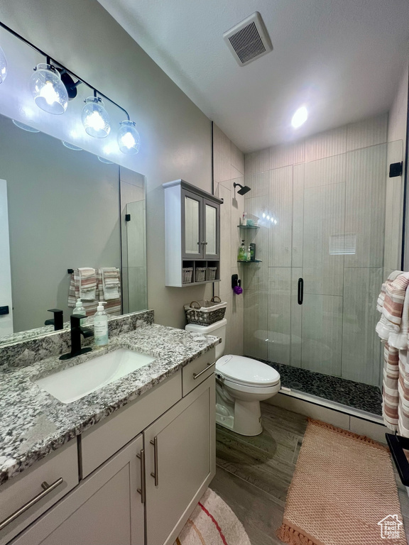 Bathroom featuring a shower stall, toilet, wood finished floors, and vanity