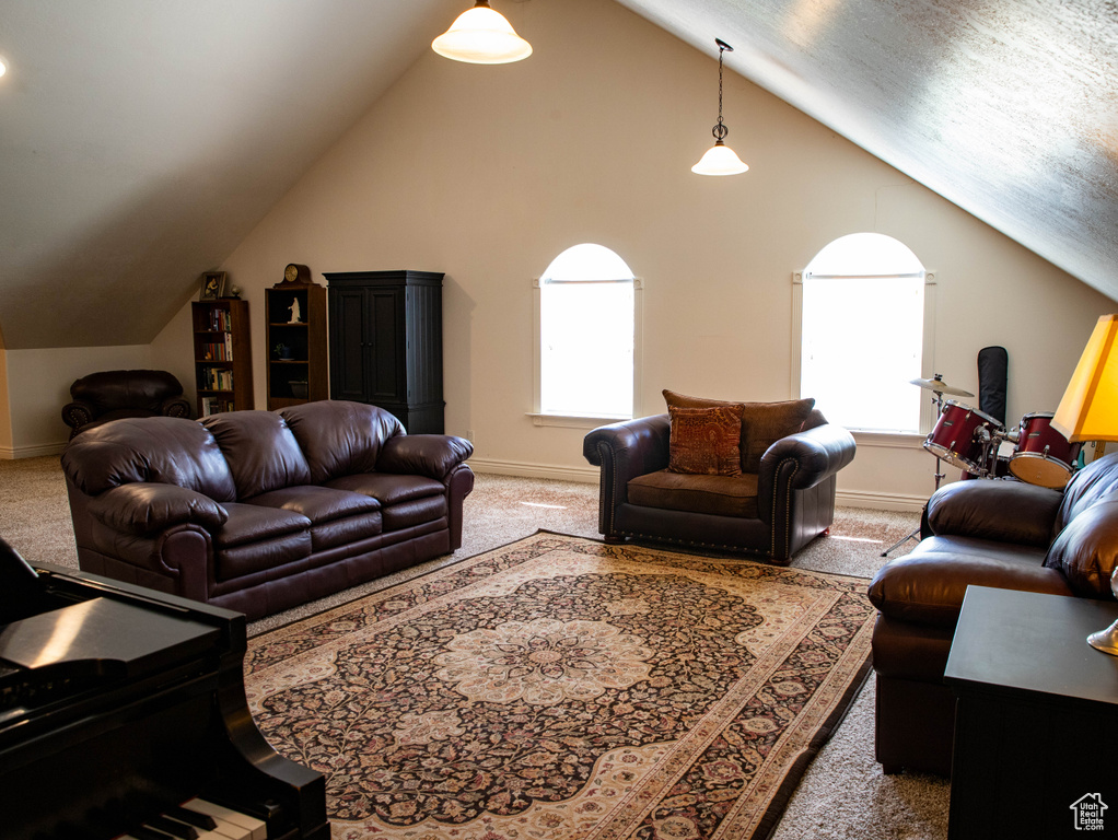 Living area featuring carpet, vaulted ceiling, baseboards, and healthy amount of natural light