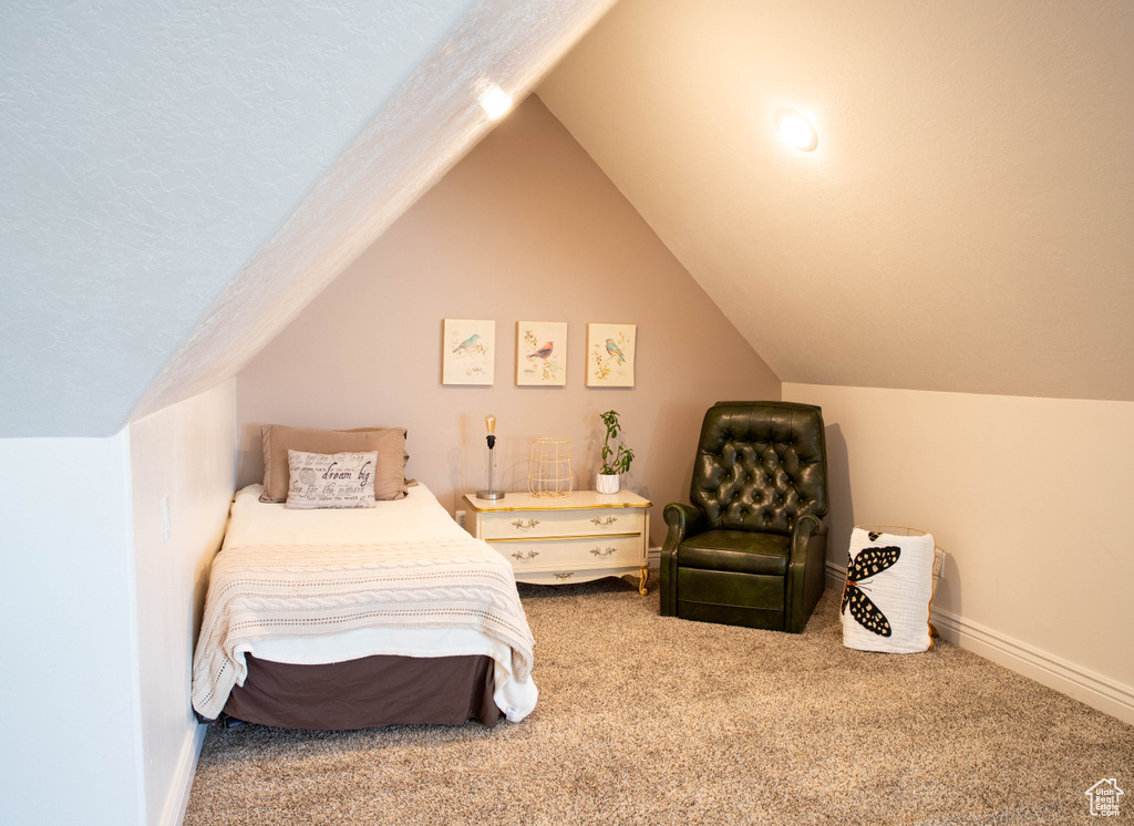 Carpeted bedroom featuring lofted ceiling and baseboards
