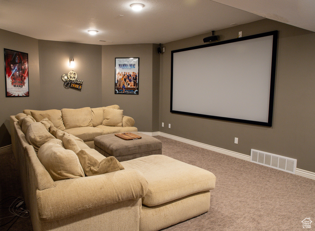 Cinema room featuring carpet floors and baseboards