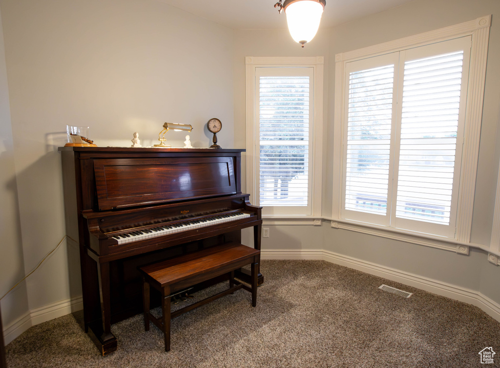 Living area featuring carpet and baseboards