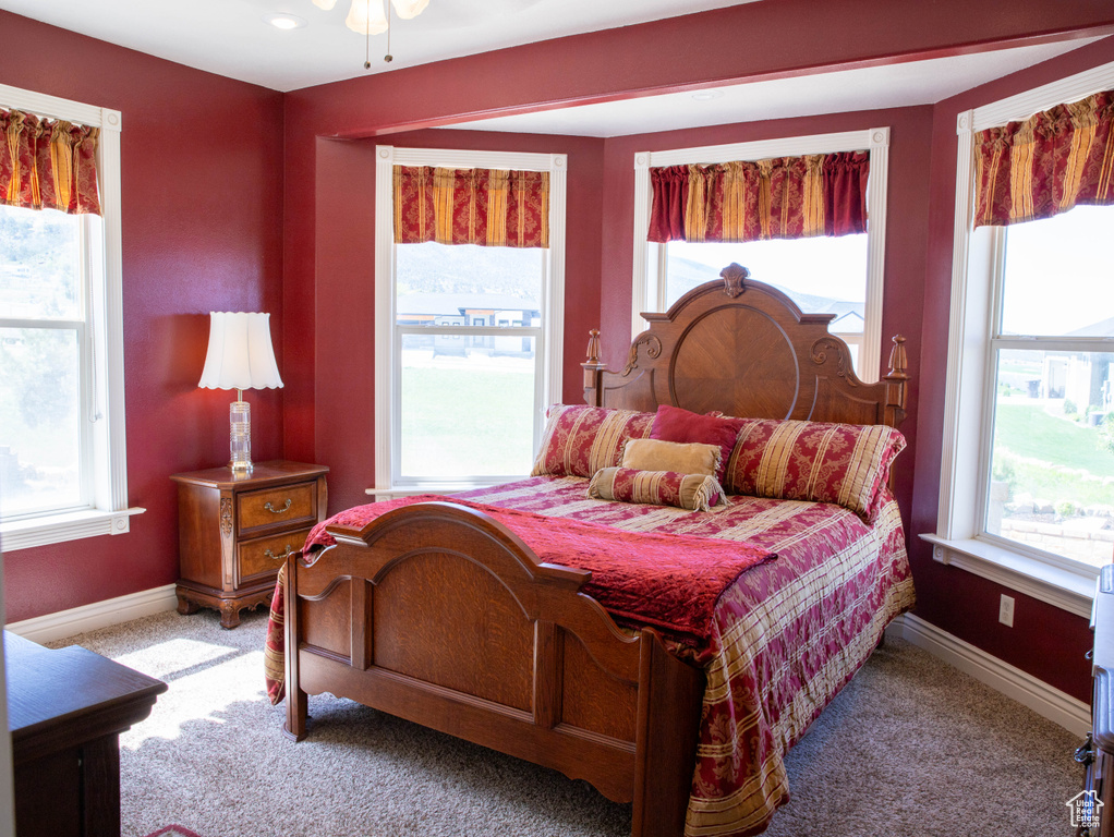 Bedroom with multiple windows, carpet flooring, and baseboards