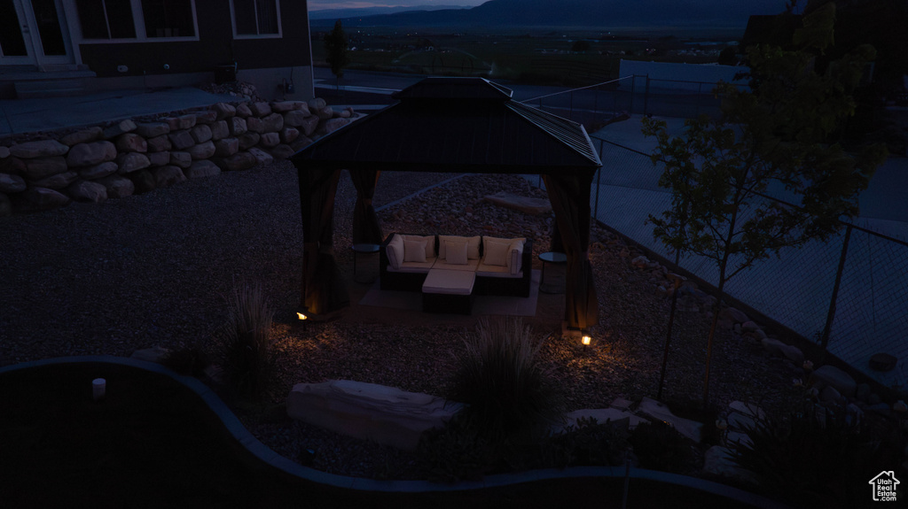 View of patio / terrace featuring a mountain view and a gazebo