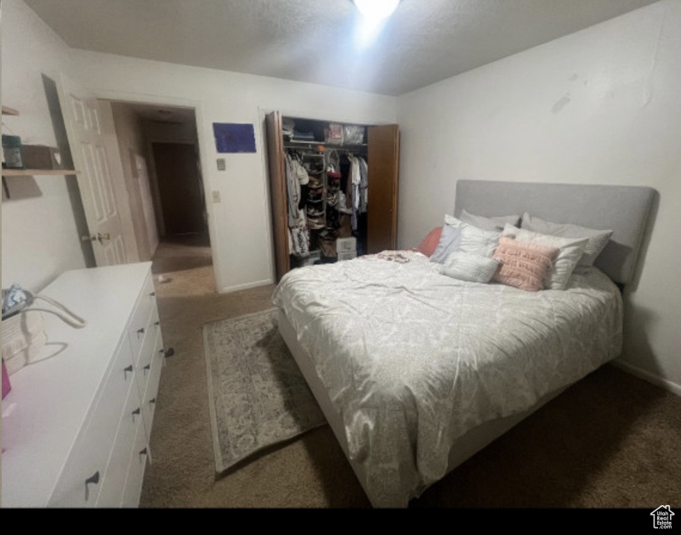 Bedroom featuring light colored carpet, a closet, and baseboards