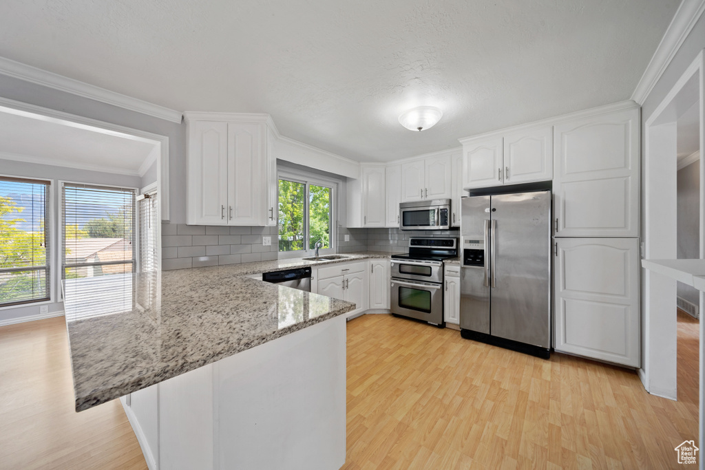 Kitchen featuring appliances with stainless steel finishes, a sink, a peninsula, light wood-style flooring, and ornamental molding
