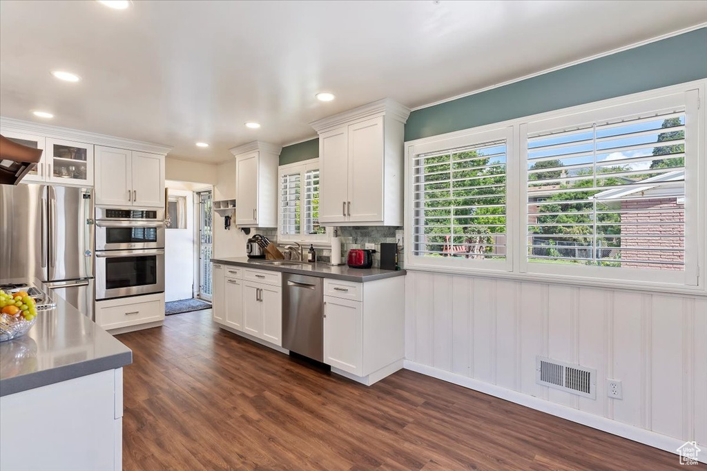 Kitchen with stainless steel appliances, a sink, white cabinetry, dark wood-type flooring, and tasteful backsplash