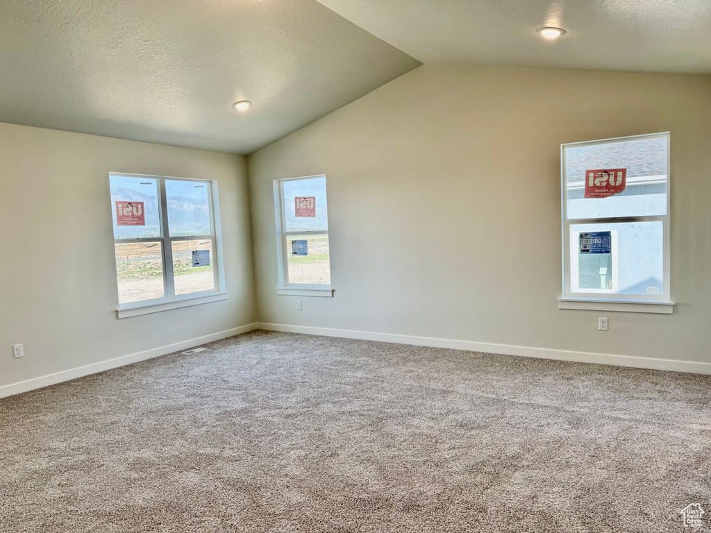 Spare room with vaulted ceiling, carpet, baseboards, and a textured ceiling