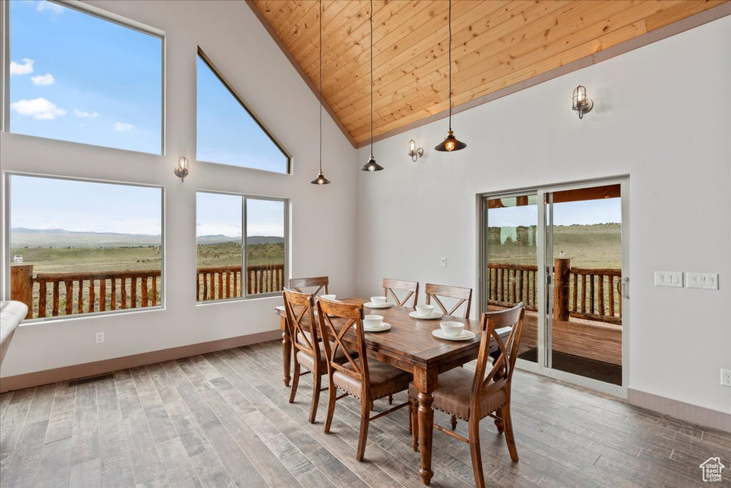 Dining space featuring wood finished floors, high vaulted ceiling, wooden ceiling, and baseboards