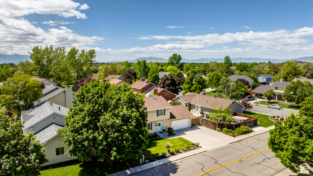 Aerial perspective of suburban area with mountains