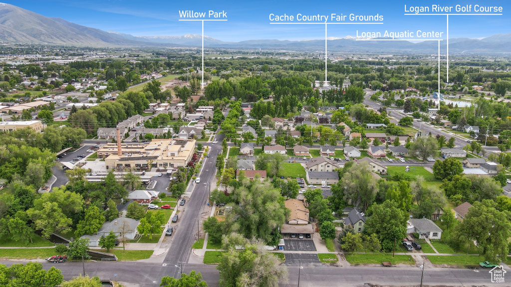 Aerial perspective of suburban area featuring mountains