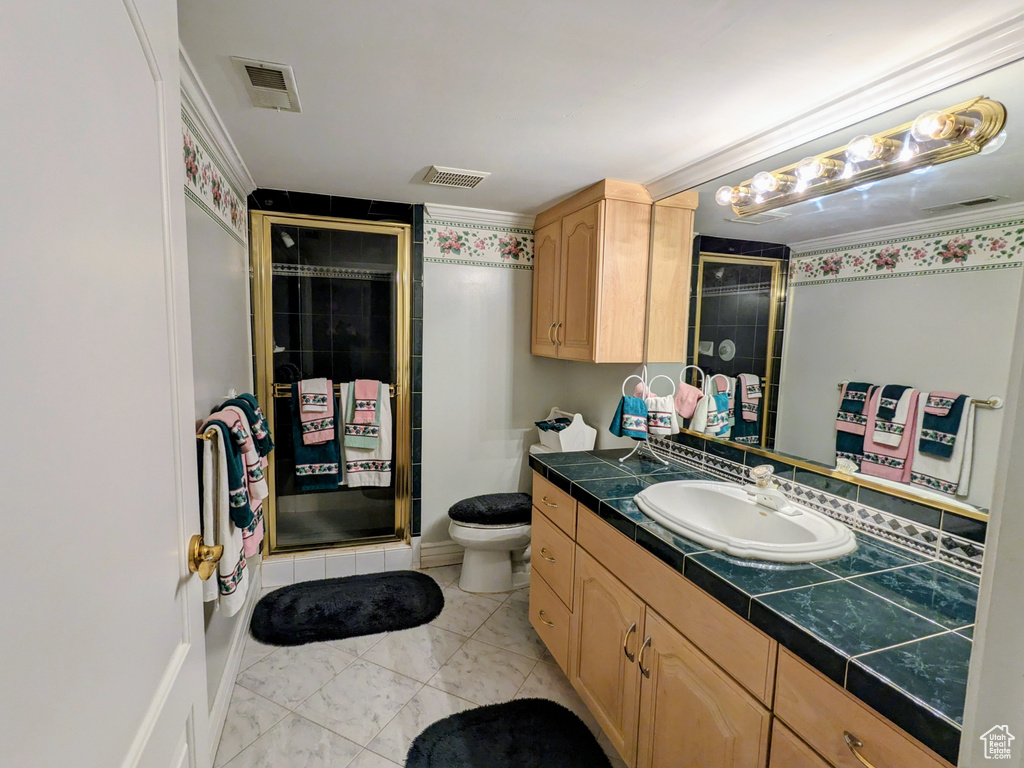 Bathroom with a stall shower, vanity, and toilet