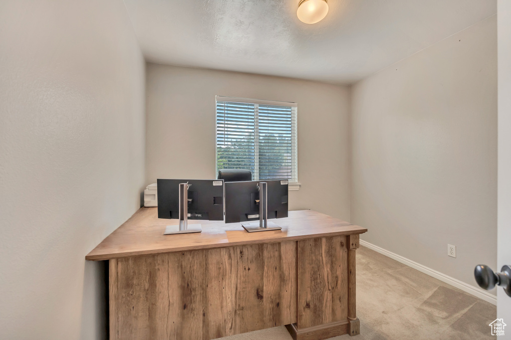 Carpeted office space with baseboards
