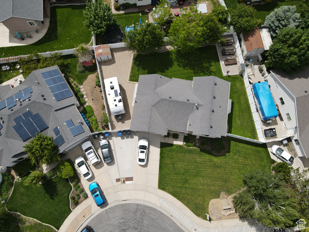 Aerial view of residential area with a pool area