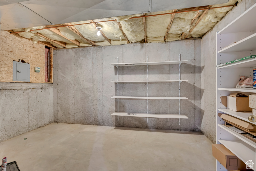 Unfinished basement featuring electric panel