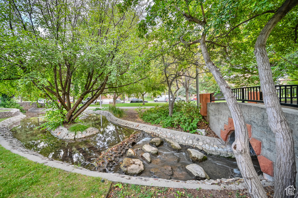 View of yard with a small pond