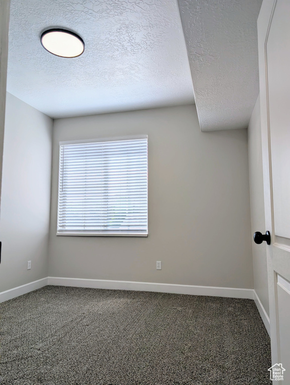 Empty room with carpet flooring, baseboards, and a textured ceiling