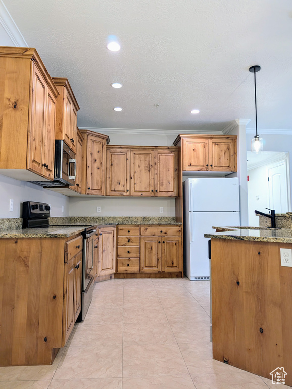 Kitchen featuring stainless steel appliances, crown molding, stone counters, hanging light fixtures, and recessed lighting