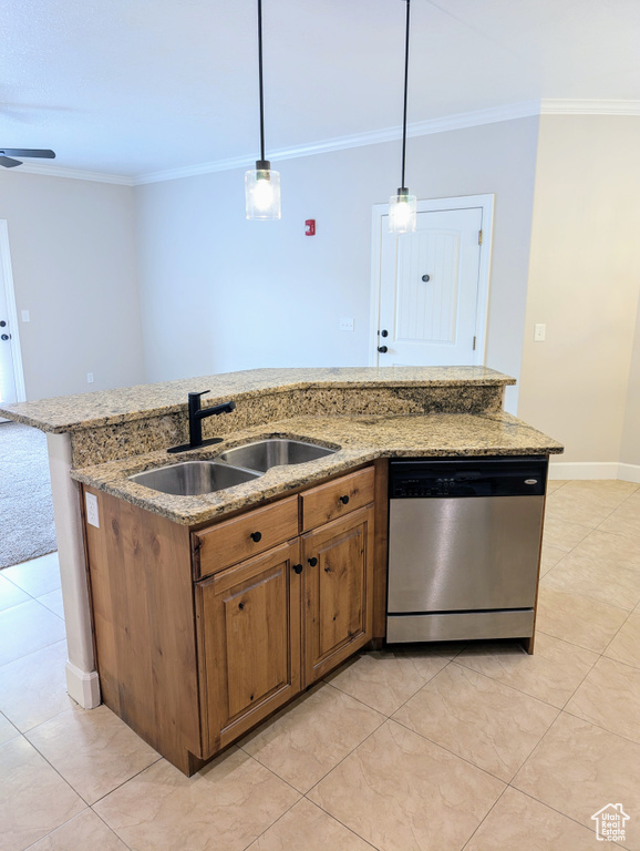 Kitchen with dishwasher, a sink, ornamental molding, brown cabinets, and light tile patterned floors