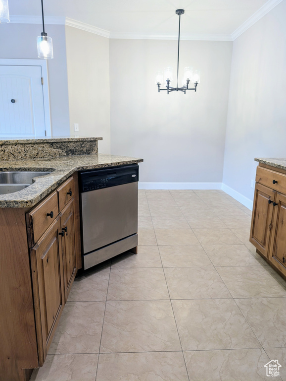 Kitchen with dishwasher, baseboards, crown molding, decorative light fixtures, and light stone countertops