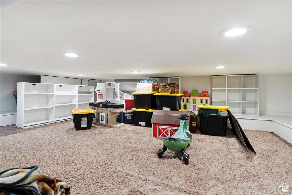 Rec room featuring carpet floors and recessed lighting