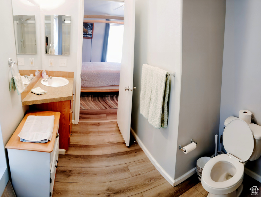Ensuite bathroom with vanity, wood finished floors, and toilet