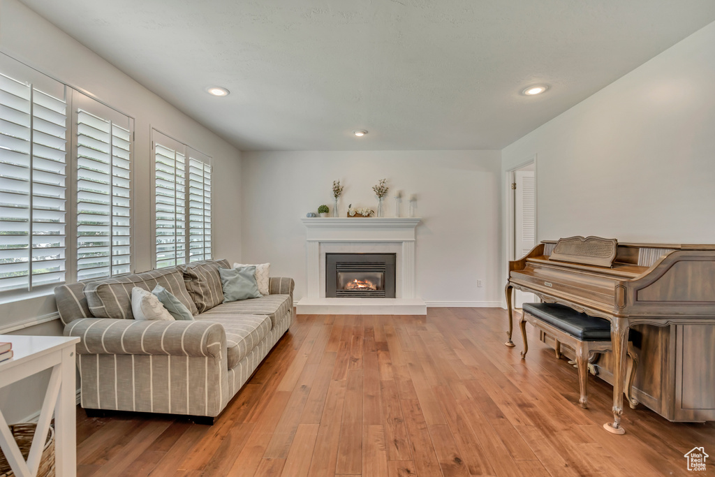 Living room featuring hardwood / wood-style floors, a glass covered fireplace, and recessed lighting