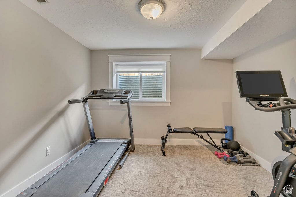 Exercise area featuring baseboards, a textured ceiling, and carpet flooring