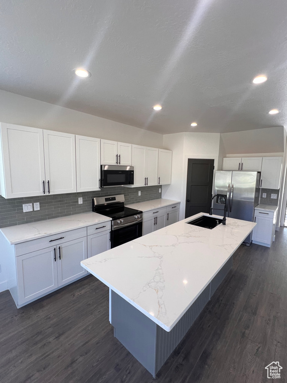 Kitchen featuring stainless steel appliances, a sink, dark wood-style floors, white cabinetry, and recessed lighting