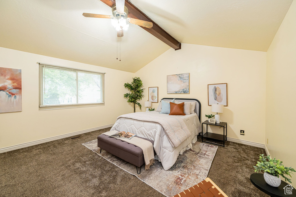 Bedroom featuring carpet, baseboards, and a ceiling fan